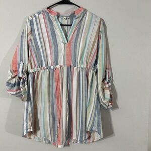 Mint of Blush Striped V Neck‎ Elastic Waist Roll Tab Sleeve Tunic Top M